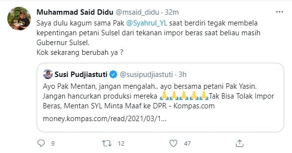 Cuitan Said Didu merespons Susi Pudjiastuti soal impor beras dan Mentan (Twitter).