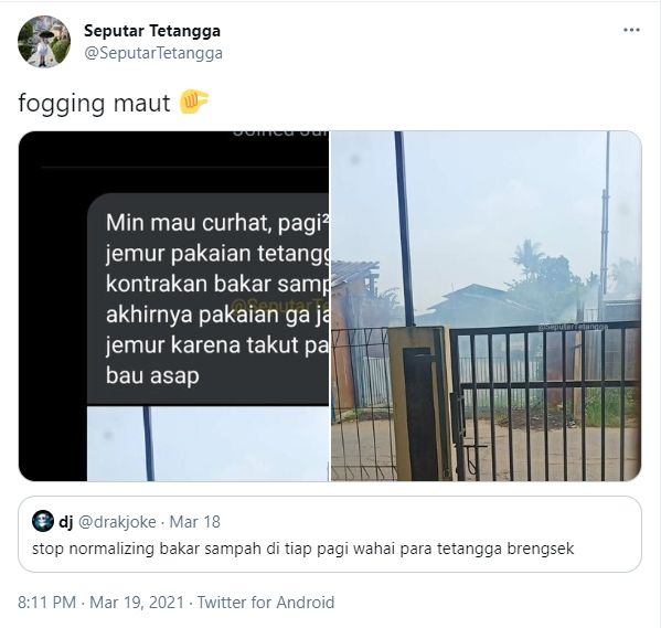Viral curhat takut jemur baju karena tetangga bakar sampah (Twitter/seputartetangga).