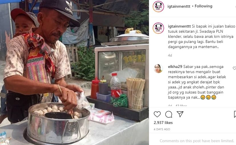 Penjual bakso selalu gendong anaknya saat berjualan keliling. (Instagram/@igtainmenttt)