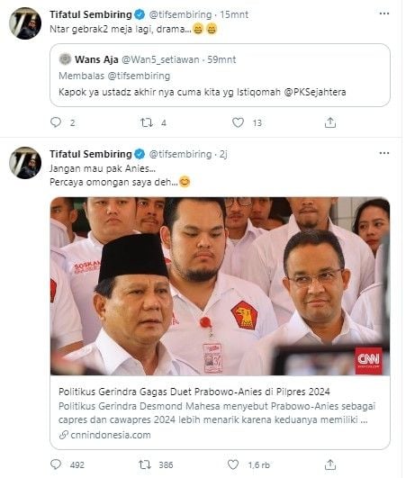 Tifatul Sembiring sarankan Anies tak maju Pilpres gandeng Prabowo (Twitter/tifsembiring)