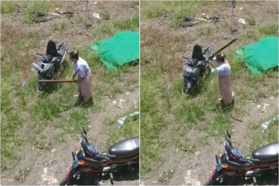Wanita ngamuk rusak sepeda motor. (Instagram/makassar_iinfo)