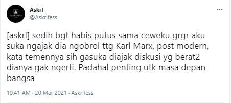 Curhat pria diputusin gegara sering bahas teori Karl Marx (Twitter/askrlfess)