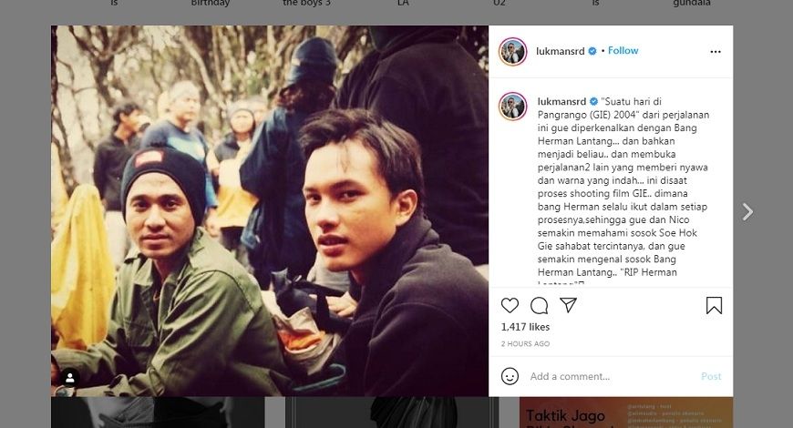 Unggahan Lukman Sardi tentang proses syuting film Gie bersama Nicholas Saputra dan Herman Lantang.