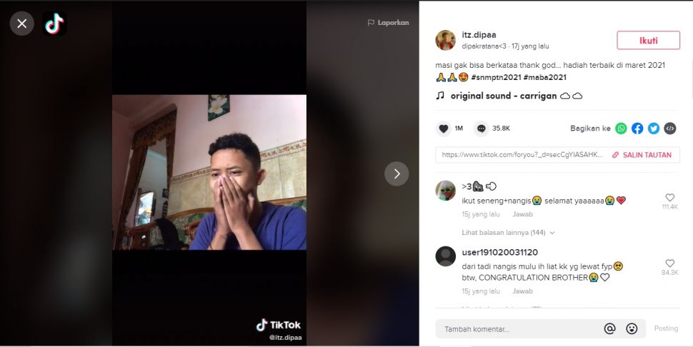 Momen haru dan tegang pemuda melihat hasil SNMPTN (TikTok).