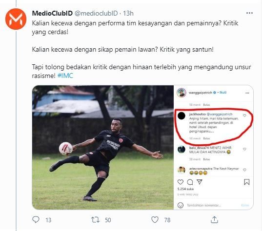 Akun Twitter @mediclubID membuat cuitan soal rasisme yang menimpa pemain PSM Makassar, Patrich Wanggai.