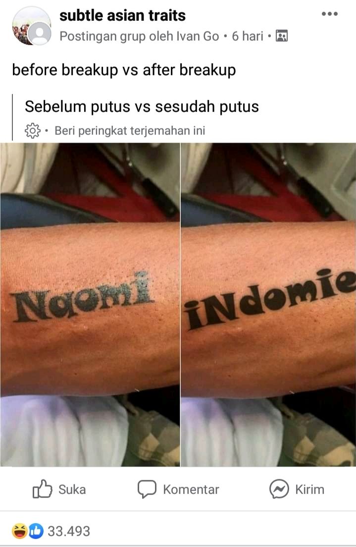 Nama Naomi jadi tato Indomie setelah putus cinta. (Facebook/Subtle Asian Traits)