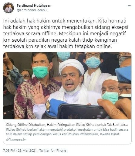 Komentar Ferdinand soal hakim kabulkan sidang offline Rizieq (Twitter/ferdinandhaean3)