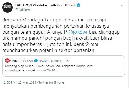 Fadli Zon sebut impor beras hancurkan petani dan pertanian (Twitter/fadlizon)