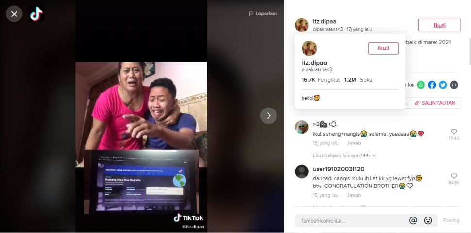 Momen haru dan tegang pemuda melihat hasil SNMPTN (TikTok).