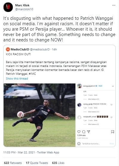 Marc Klok murka karena Patrich Wanggai jadi sasaran rasis usai laga Persija melawan PSM. (Twitter/@marcklok10)