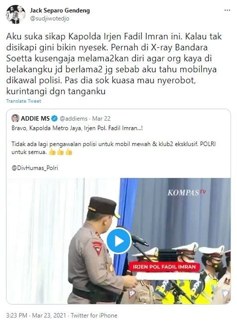 Sujiwo Tejo dukung larangan polisi mengawal mobil mewah hingga pesepeda - (Twitter/@sudjiwotedjo)