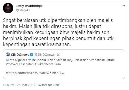 Jimly Asshiddiqie sarankan hakim pertimbangkan sidang offline rizieq (Twitter/jimlyas)