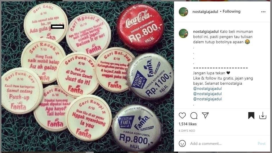 Tutup botol minuman ringan ini bikin netizen nostalgia. (Instagram/ nostalgiajadul)