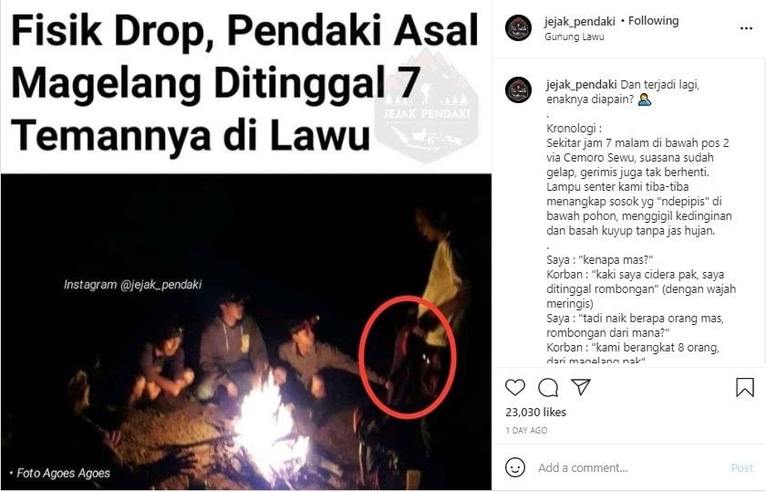 Seorang pendaki ditinggal rombongannya di Gunung Lawu - (Instagram/@jejak_pendaki)