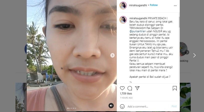 Viral warga Bali diusir dari pantai di Puri Santrian Sanur Bali dengan alasan pantai itu privat milik Hotel Puri Santrian. Warga Bali yang curhat itu adalah Mirah Sugandhi.