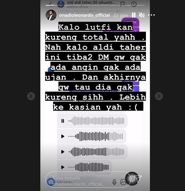 Onadio Leonardo ungkap pesan Aldi Taher di Instagram Story. 