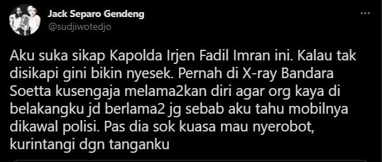 Sujiwo Tejo dukung kebijakan polisi larang kawal mobil mewah. (Twitter/@sudjiwotedjo)