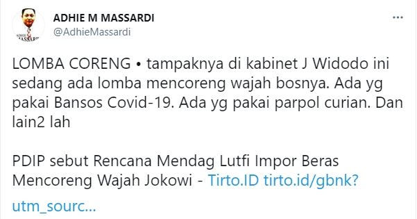 Cuitan Adhie Massardi soal Kabinet Jokowi (Twitter).