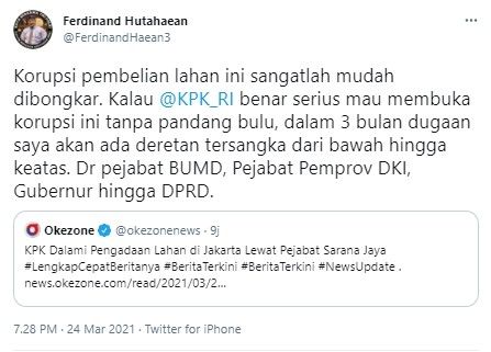 Ferdinand prediksi dalam 3 bulan gubernur hingga DPRD DKI jadi tersangka KPK (Twitter)