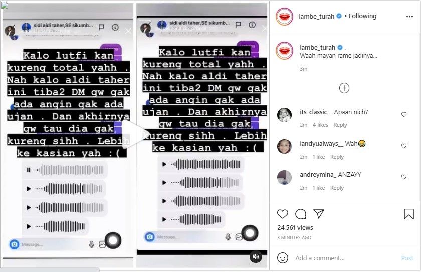 Onad mengunggah voice note dari Aldi Taher - (Instagram/@lambe_turah)