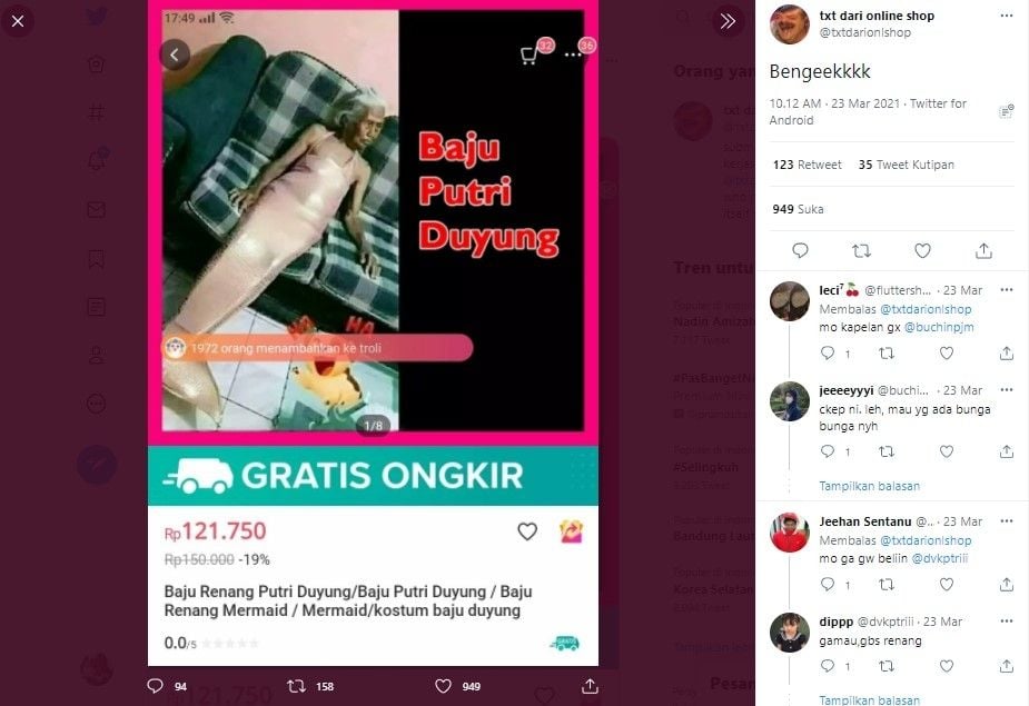 Nenek jadi model baju putri duyung (Twitter/txtdarionlshop)