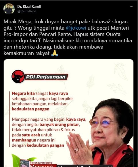 Rizal Ramli minta Megawati agar Jokowi pecat Menteri Pro Impor. (Twitter./RizalRamli)