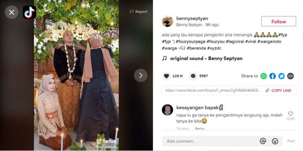 Viral pengantin pria nangis sesenggukan di pelaminan (TikTok).