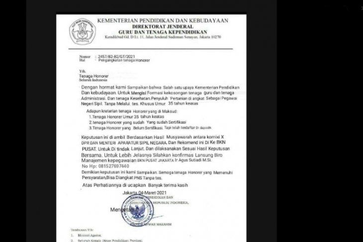 Hoaks! Surat pengangkatan honorer menjadi PNS tanpa tes. (Ist)