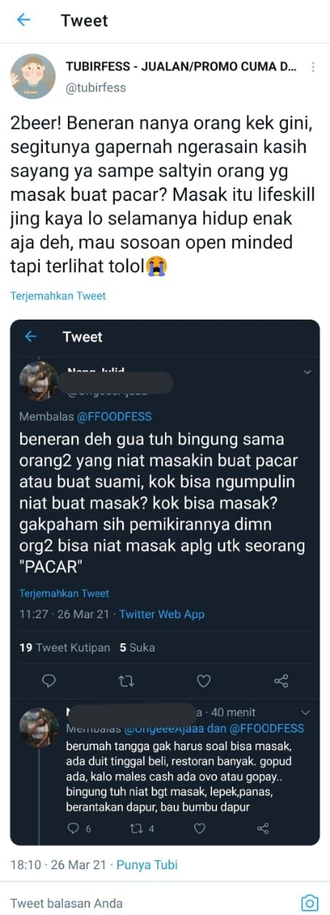 Warganet ini heran dengan orang yang memasak untuk kekasihnya (Twitter @tubirfess)