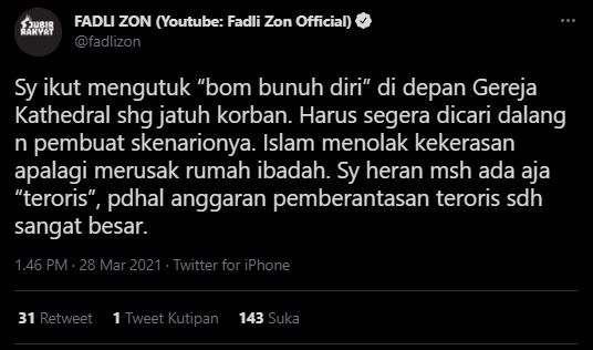 Fadli Zon angkat bicara soal ledakan bom di Gereja Katedral Makassar. (Twitter/fadlizon)