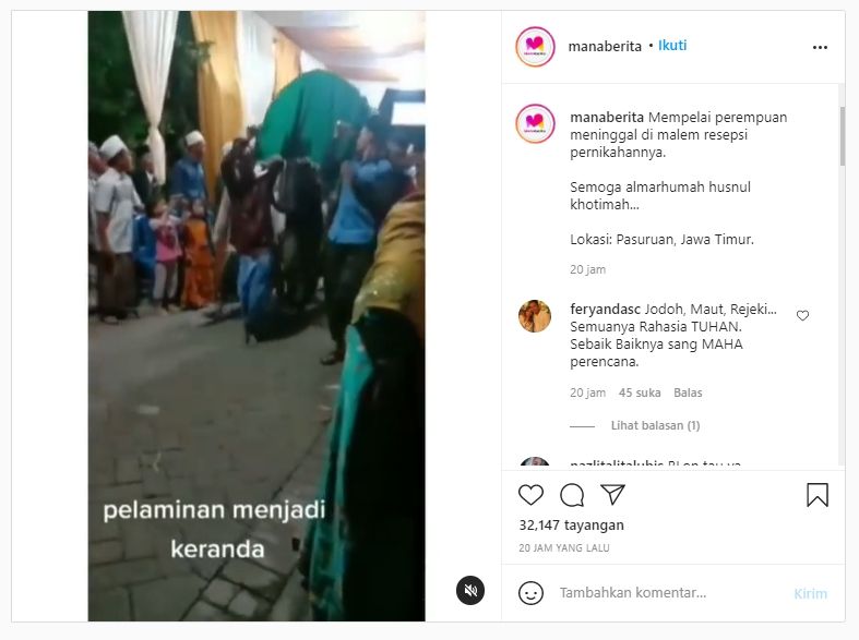 Mempelai wanita meninggal dunia jelang akad nikah (Instagram/Manaberita).