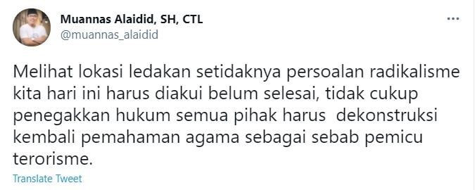 Muannas Aladid soal bom di Gereja Katedral Semarang (Twitter).