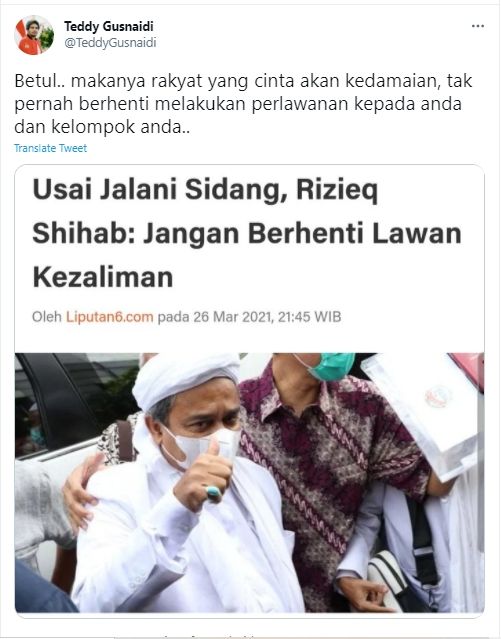 Teddy Gusnaidi soal Habib Rizieq Shihab (Twitter/TeddyGusnaidi).