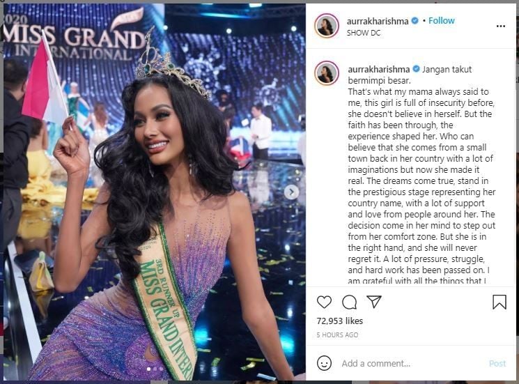 Perwakilan Indonesia Aurra Kharisma di Ajang Miss Grand International (instagram.com/aurrakharishma)