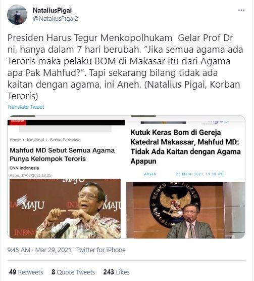 Natalius Pigai sebut Jokowi harus tegur Mahfud MD (Twitter/NataliusPigai2).