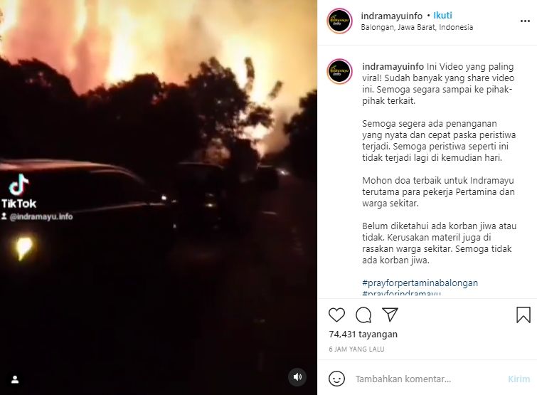 Viral video kilang minyak Balongan Indramayu terbakar (Instagram/Indramayuinfo).