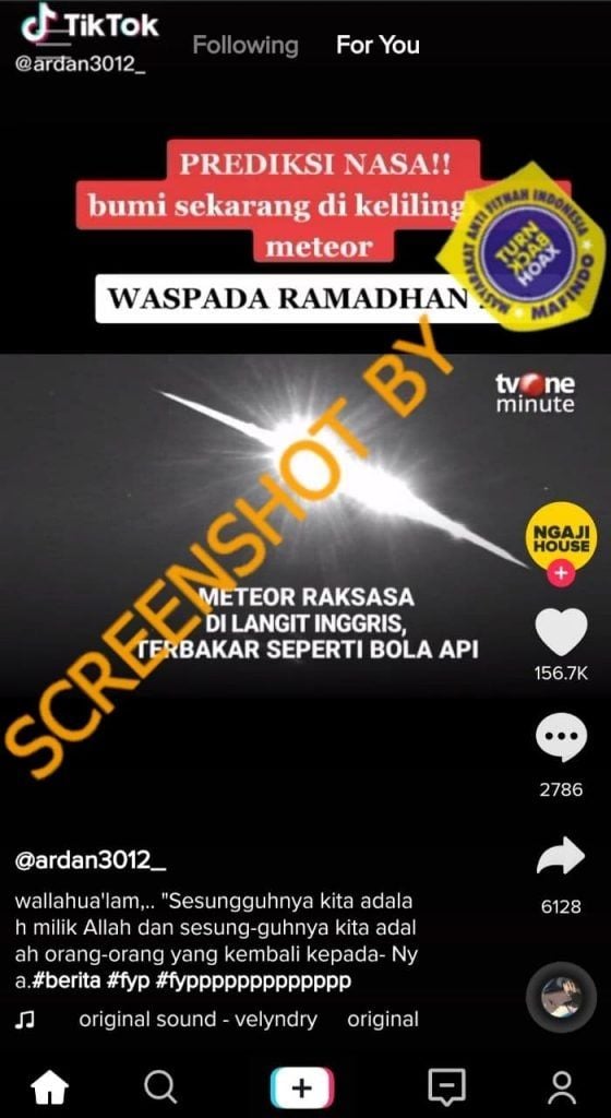 Fakta soal video prediksi NASA tentang potensi bahaya meteor. (turnbackhoax.id)