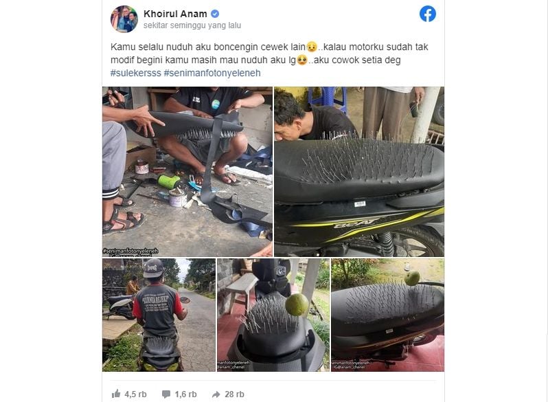 Jok motor dipenuhi paku. (Facebook/Khoirul Anam)