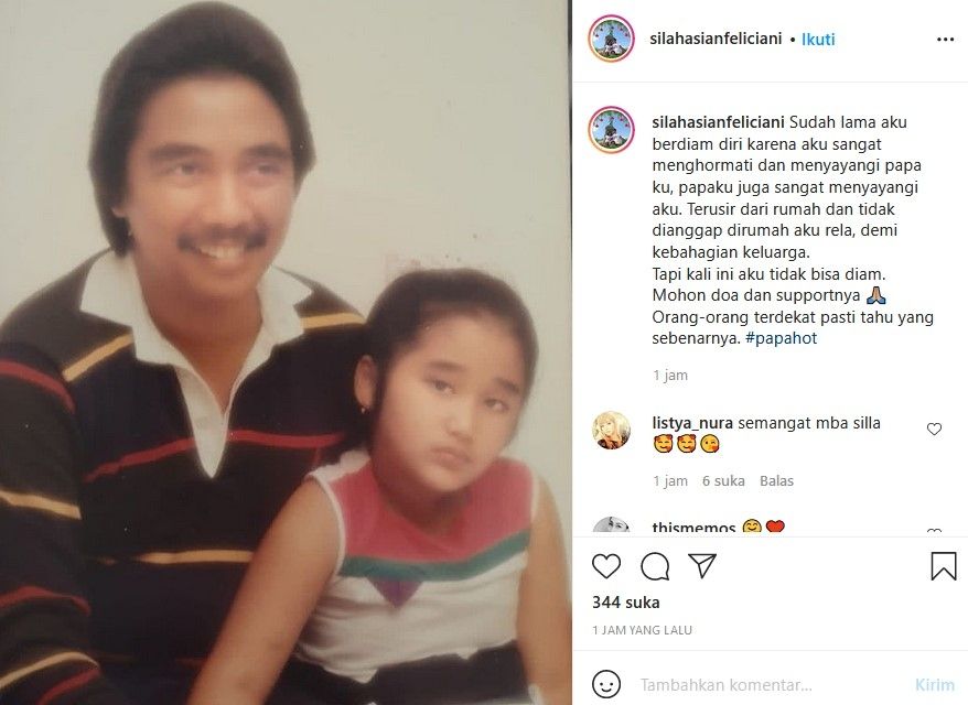 Salah seorang putri Hotma Sitompul, Sila akhirnya bicara di Instagram soal permasalahan orangtuanya. [Instagram]