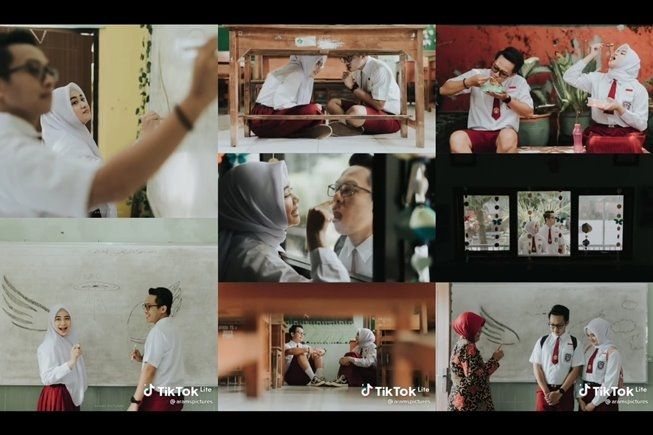 Viral prewedding unyu pakai seragam SD, kisah di baliknya bikin baper. (TikTok/@aramspictures)