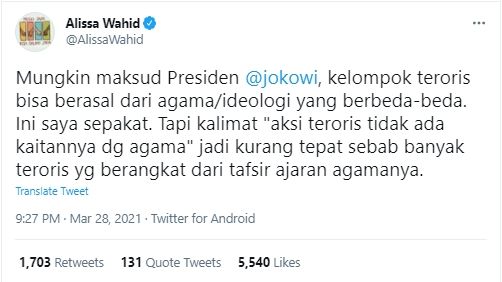 Cuitan Alissa Wahid soal terorisme (Twitter/AlissaWahid).