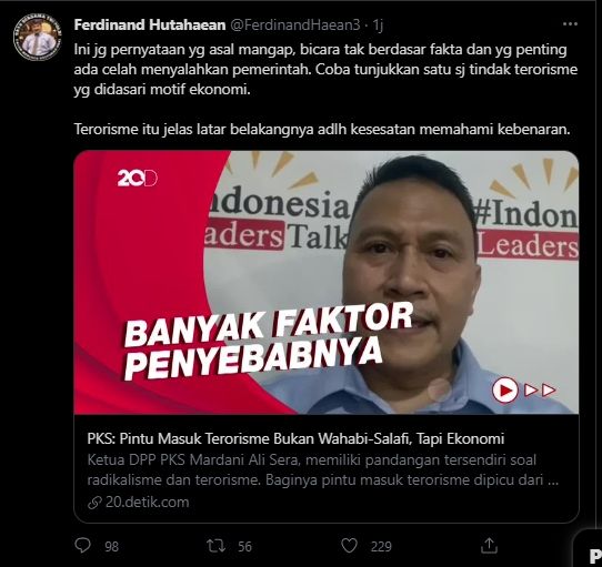 Ferdinand Hutahaean memberi tanggapan soal pernyataan Ketua DPP PKS Mardani Ali Sera. (Twitter/FerdinandHaean3)