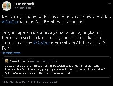 Alissa Wahid tanggapi video Gus Dur soal terorisme yang kembali diungkit. (Twitter/@AlissaWahid)