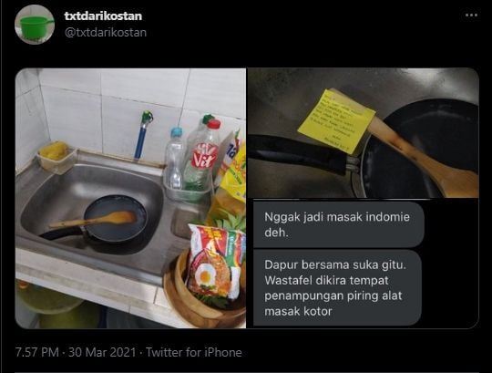 Penghuni kos beri pesan jleb banget untuk penghuni lainnya. (Twitter/txtdarikostan)