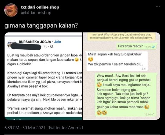 Chat pembeli dan penjual pizza. (Twitter/txtdarionlshop)