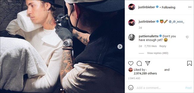 Justin Bieber disemprot ibunda usai bikin tato baru. (Instagram/@justinbieber)