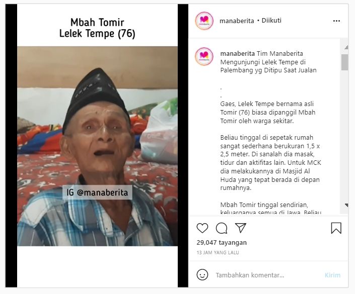 Viral kakek hidup seorang diri ditipu saat jualan, kisahnya mengharukan (Instagram/manaberita).