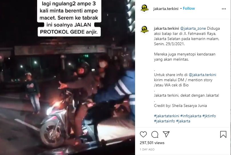 Pebalap liar stop pengguna jalan. (Instagram/jakarta.terkini)