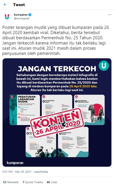 Fakta mudik 6-7 mei didenda Rp 100 juta (turnbackhoax.id)