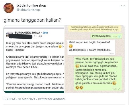 Calon pembeli dimarahi penjual piza (Twitter/txtdarionlshop)